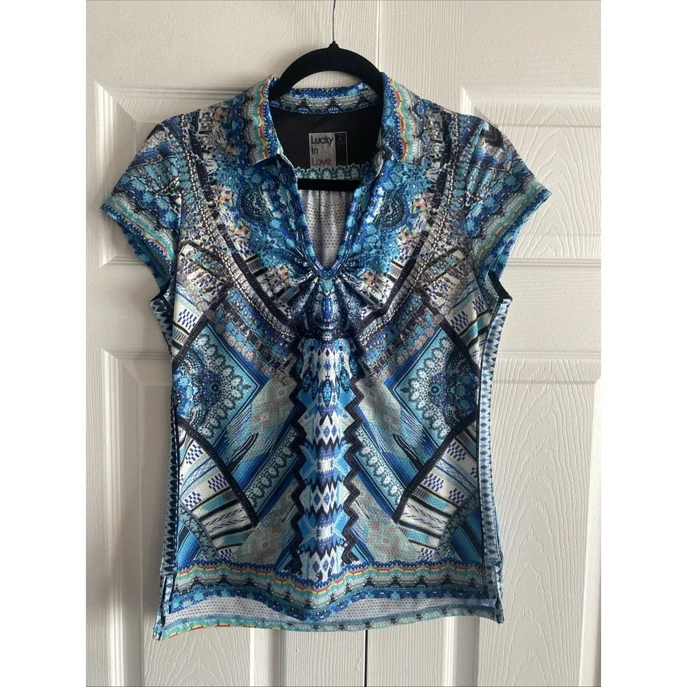 Lucky In Love Geometric Print Polo Top Womens Size S Blue Tennis Golf Activewear
